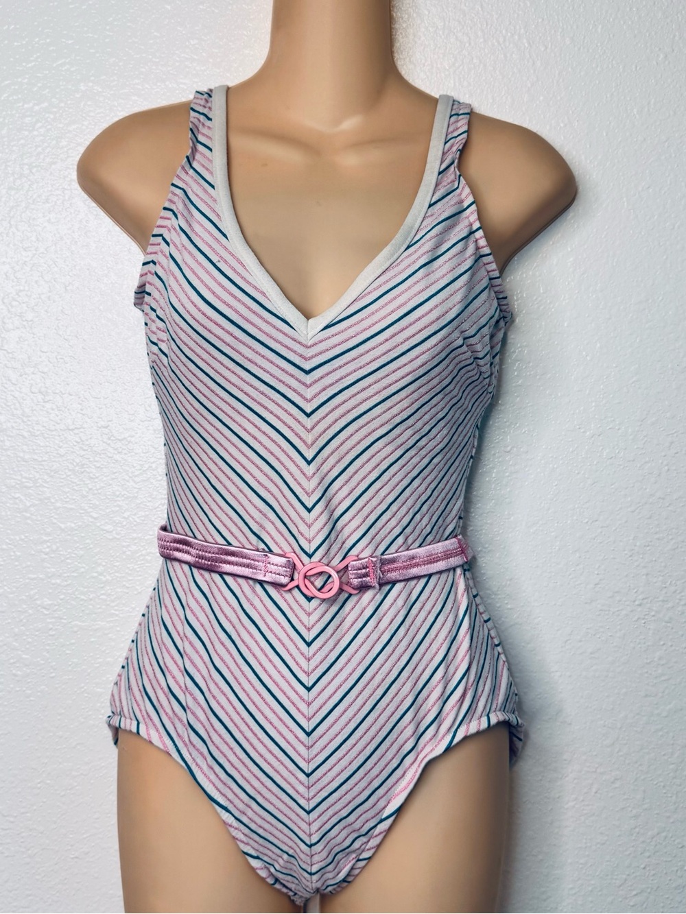 Vintage 80s Jantzen Chevron Stripe Swimsuit w Satin Belt L VTG size 16